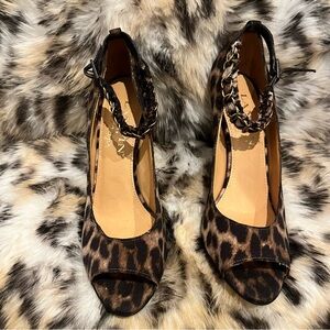 NEW Lanvin Leopard Ankle Chain Strap Heels 7.5